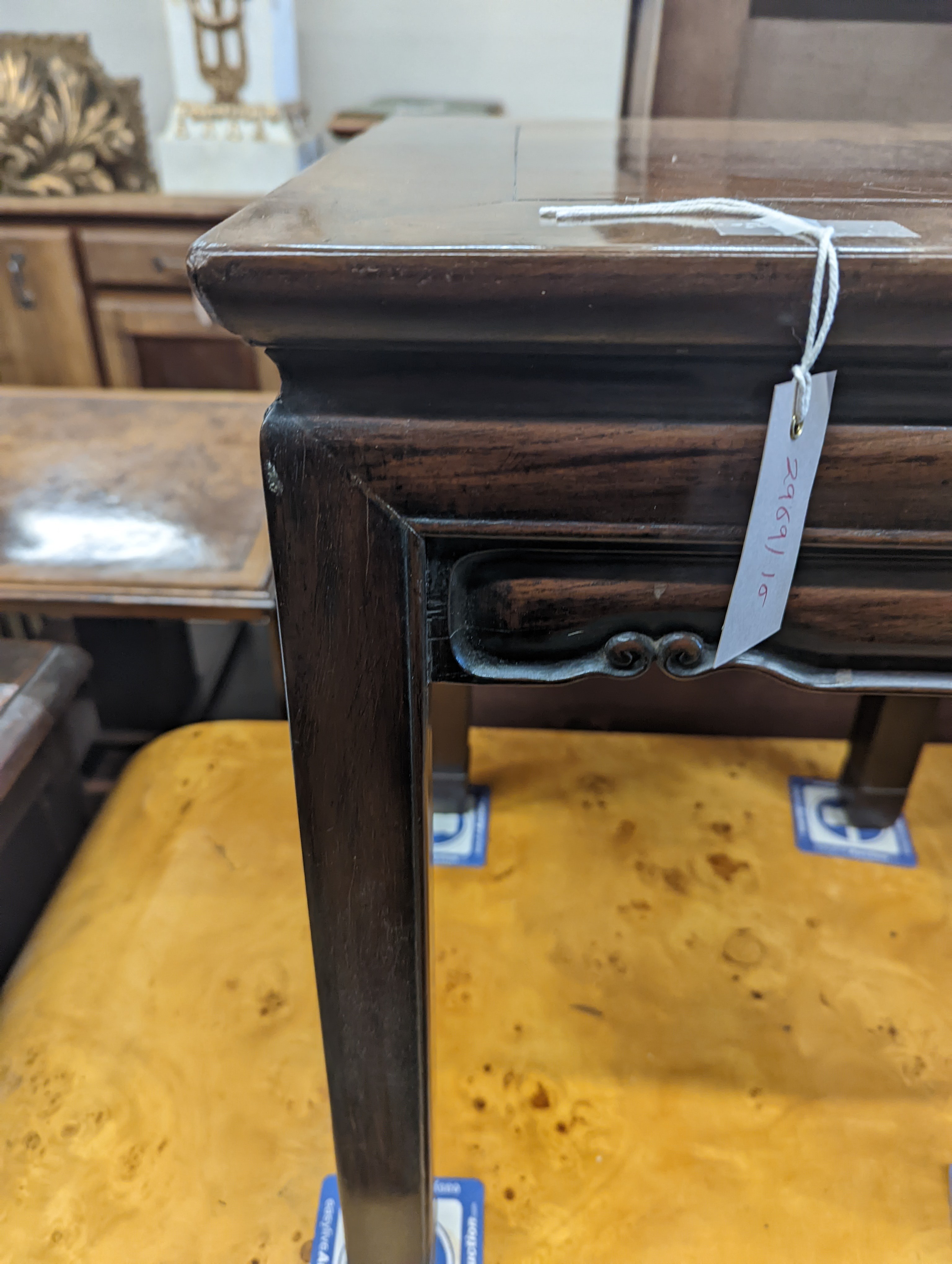 A Chinese square hardwood occasional table, width 41cm, height 52cm